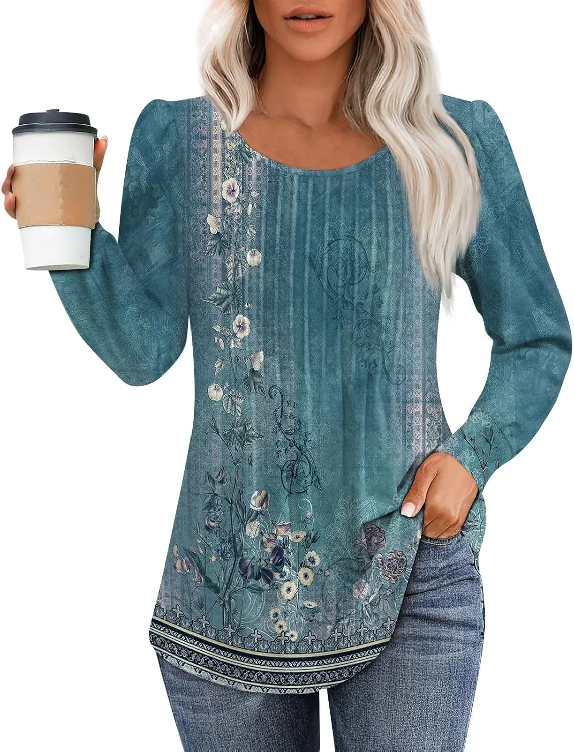 Fall Tops for Women Long Sleeve Round Neck Shirts Trendy Ruched Blouses Dressy Casual Floral Print Top Casual Clothing