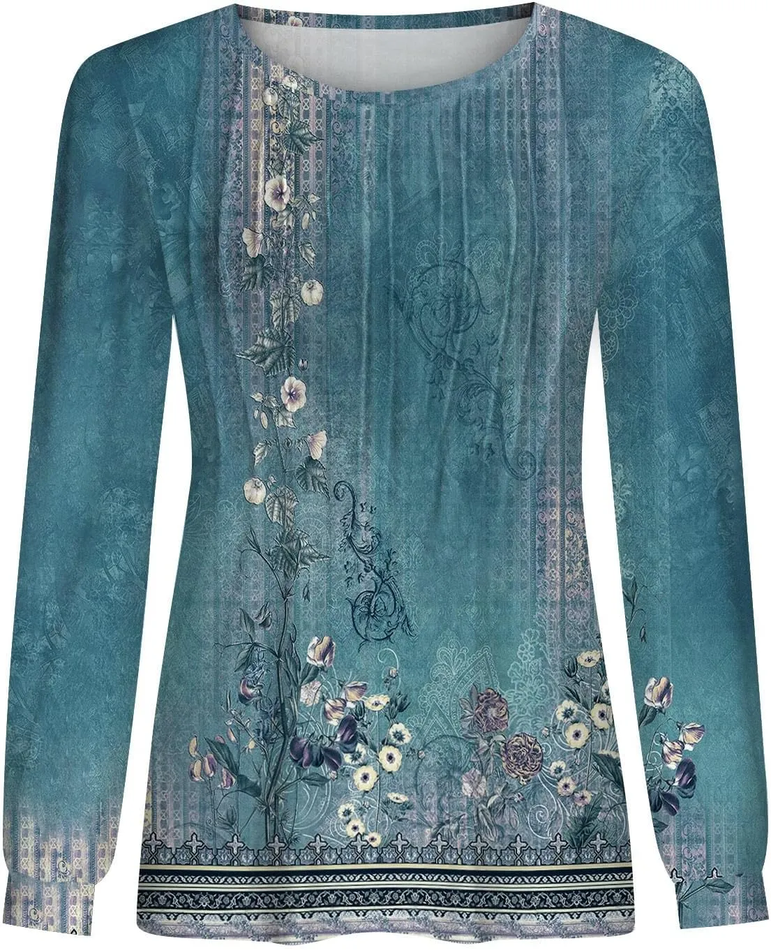 Fall Tops for Women Long Sleeve Round Neck Shirts Trendy Ruched Blouses Dressy Casual Floral Print Top Casual Clothing