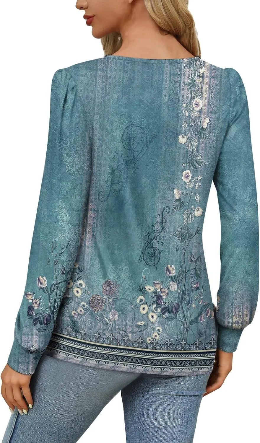 Fall Tops for Women Long Sleeve Round Neck Shirts Trendy Ruched Blouses Dressy Casual Floral Print Top Casual Clothing