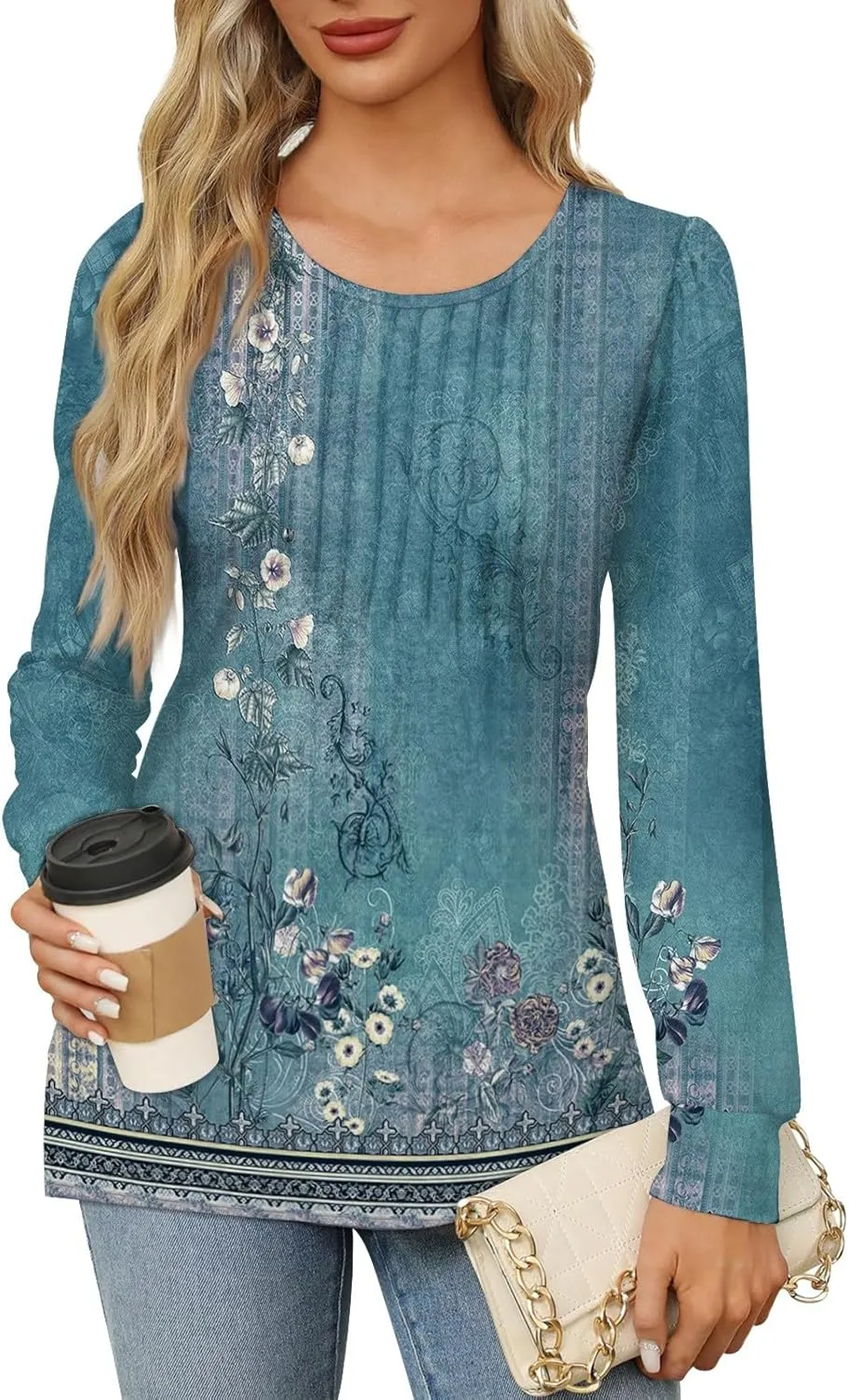 Fall Tops for Women Long Sleeve Round Neck Shirts Trendy Ruched Blouses Dressy Casual Floral Print Top Casual Clothing