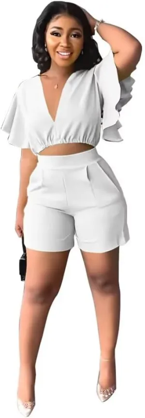 Fastkoala Sexy Two Piece Outfits for Women Summer Ruffle Short Sleeve V Neck Sweatsuits Crop Tops Shorts Jumpsuits Pants Sets