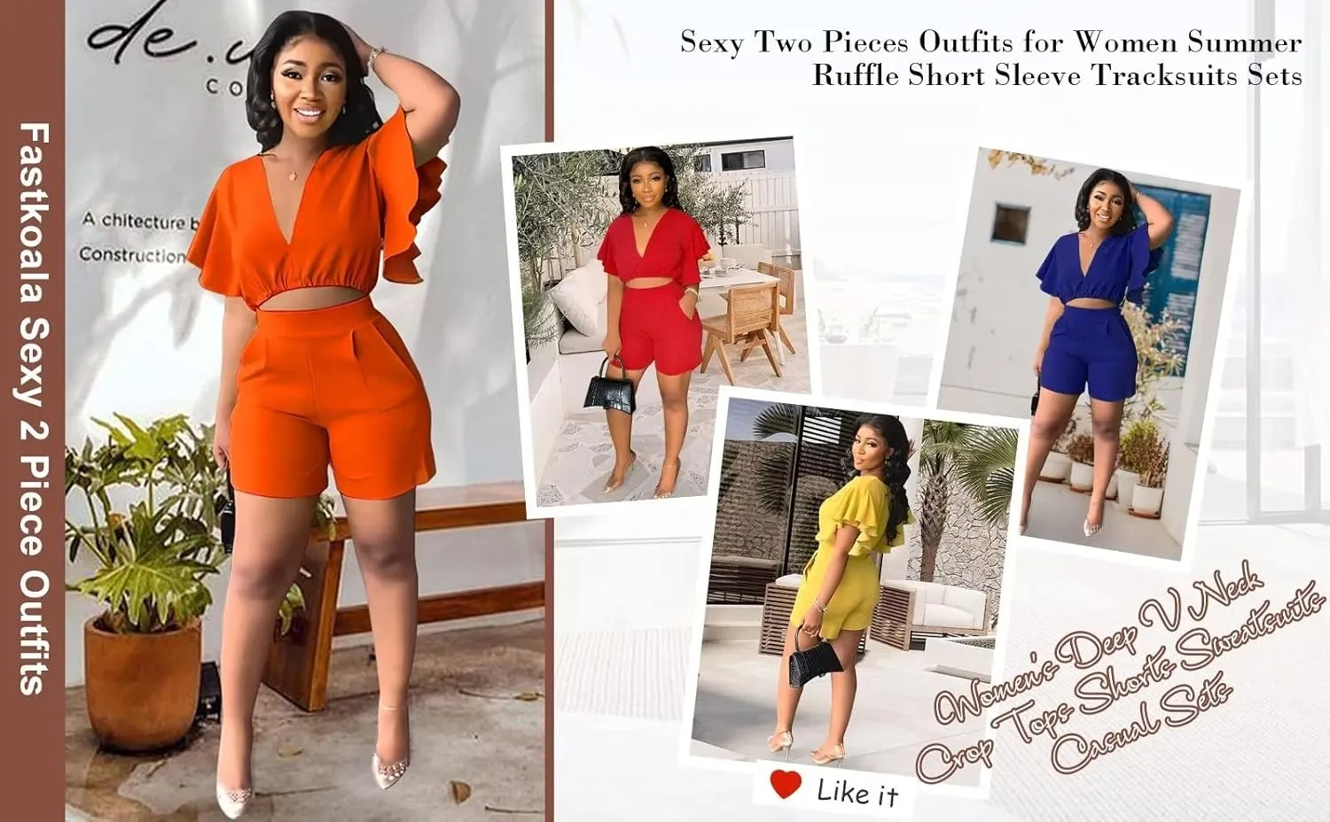Fastkoala Sexy Two Piece Outfits for Women Summer Ruffle Short Sleeve V Neck Sweatsuits Crop Tops Shorts Jumpsuits Pants Sets