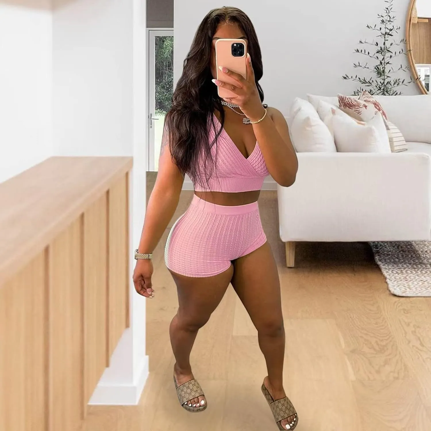 Fastkoala Sexy Two Piece Outfits for Women Summer Short Sleeve Tracksuits Crop Tops Shorts Sweatsuits Jumpsuits Pants Sets