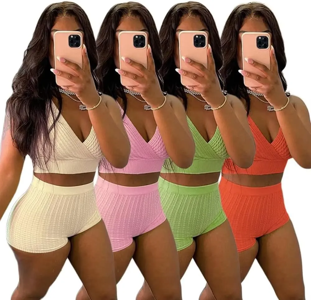Fastkoala Sexy Two Piece Outfits for Women Summer Short Sleeve Tracksuits Crop Tops Shorts Sweatsuits Jumpsuits Pants Sets