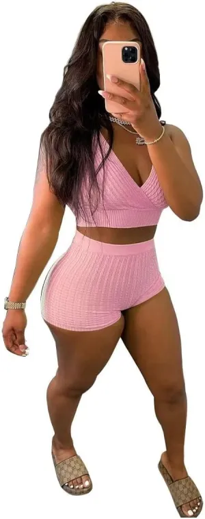 Fastkoala Sexy Two Piece Outfits for Women Summer Short Sleeve Tracksuits Crop Tops Shorts Sweatsuits Jumpsuits Pants Sets