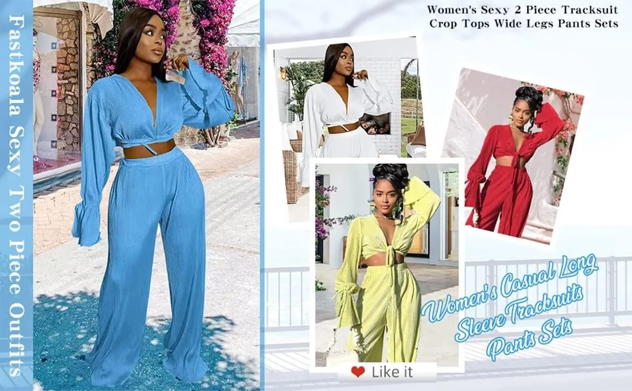 Fastkoala Women's Two Piece Outfits Casual Long Sleeve Tracksuits Sets Sexy Crop Tops Pants Set Sweatsuits