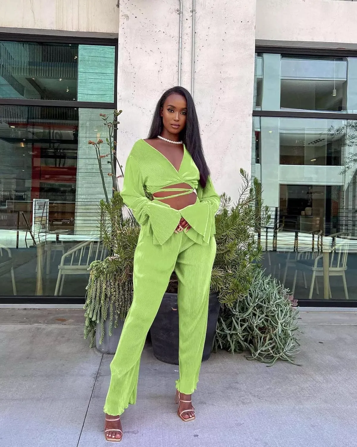 Fastkoala Women's Two Piece Outfits Casual Long Sleeve Tracksuits Sets Sexy Crop Tops Pants Set Sweatsuits