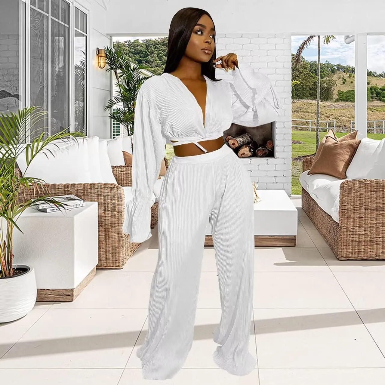 Fastkoala Women's Two Piece Outfits Casual Long Sleeve Tracksuits Sets Sexy Crop Tops Pants Set Sweatsuits