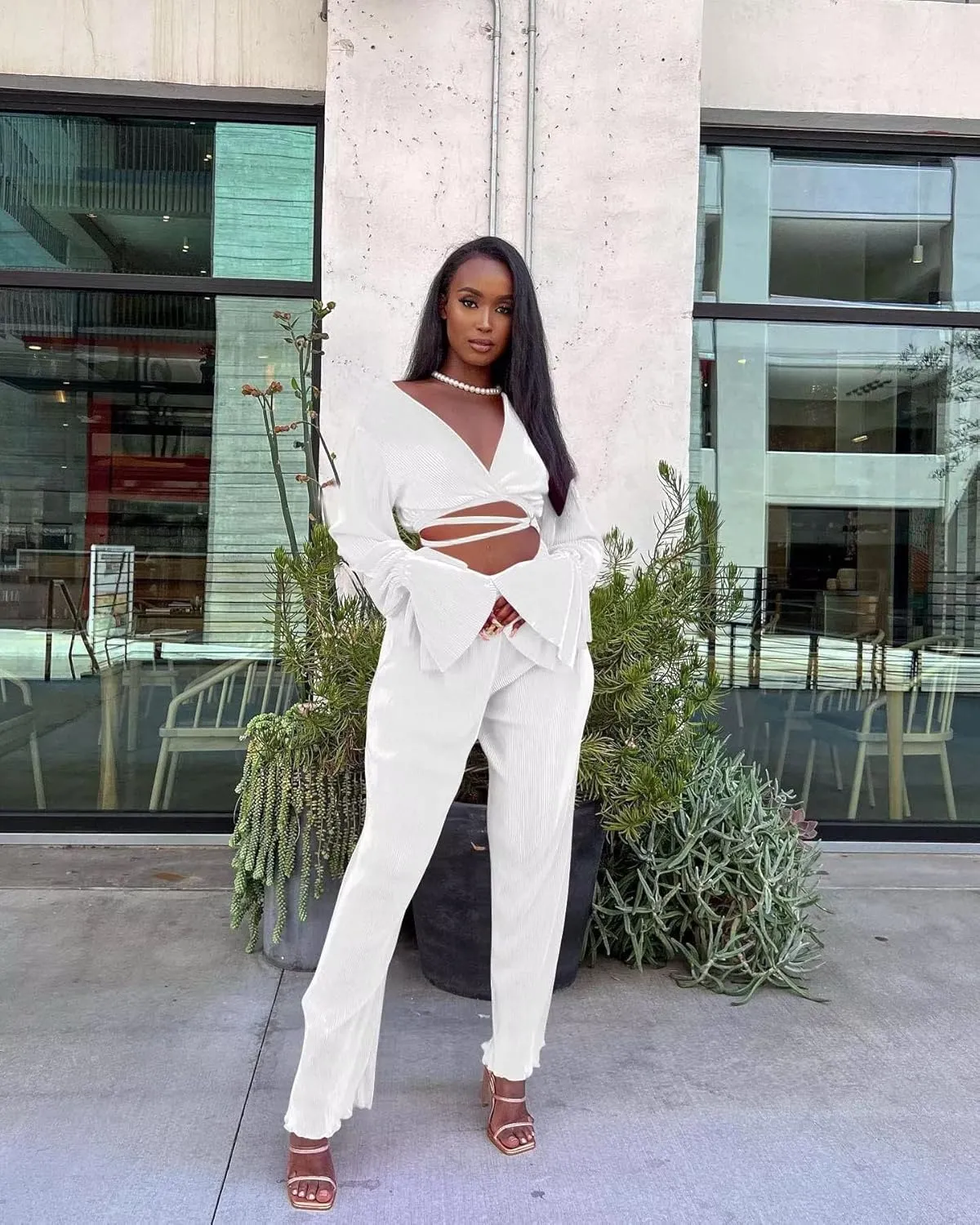 Fastkoala Women's Two Piece Outfits Casual Long Sleeve Tracksuits Sets Sexy Crop Tops Pants Set Sweatsuits