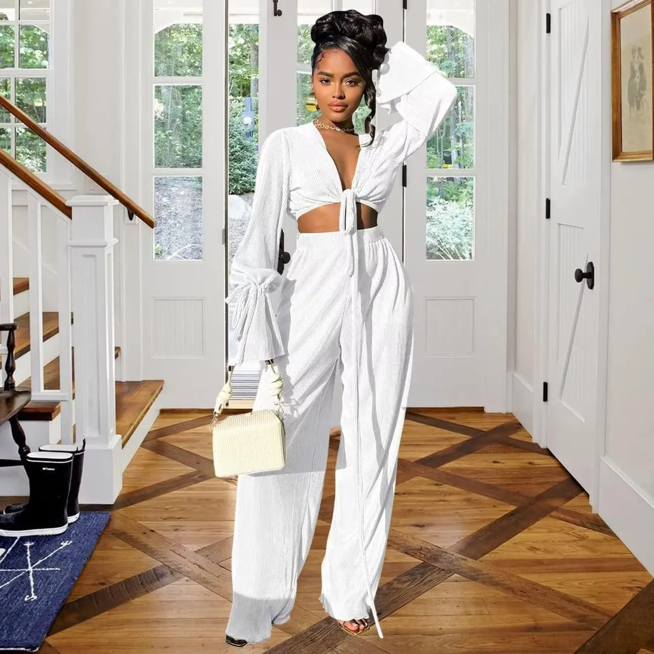Fastkoala Women's Two Piece Outfits Casual Long Sleeve Tracksuits Sets Sexy Crop Tops Pants Set Sweatsuits