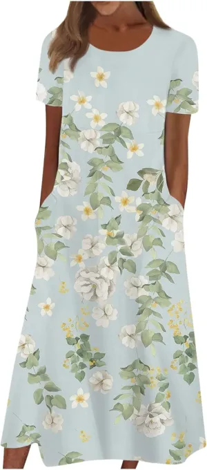 FlekmanArt Dresses for Women 2024 Pleated Round Neck Beach Dress Short Sleeve Pocket Maxi Dress Printed Elegant Dress