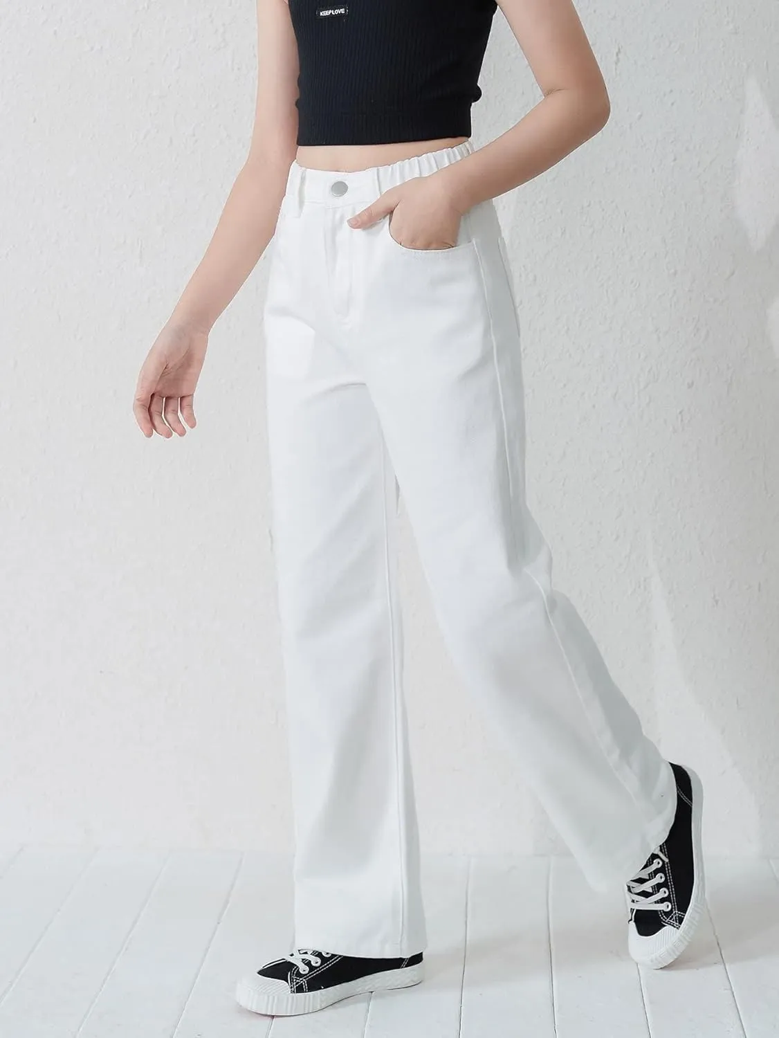 Floerns Girls High Waisted Straight Leg Jeans Denim Long Pants with Pocket