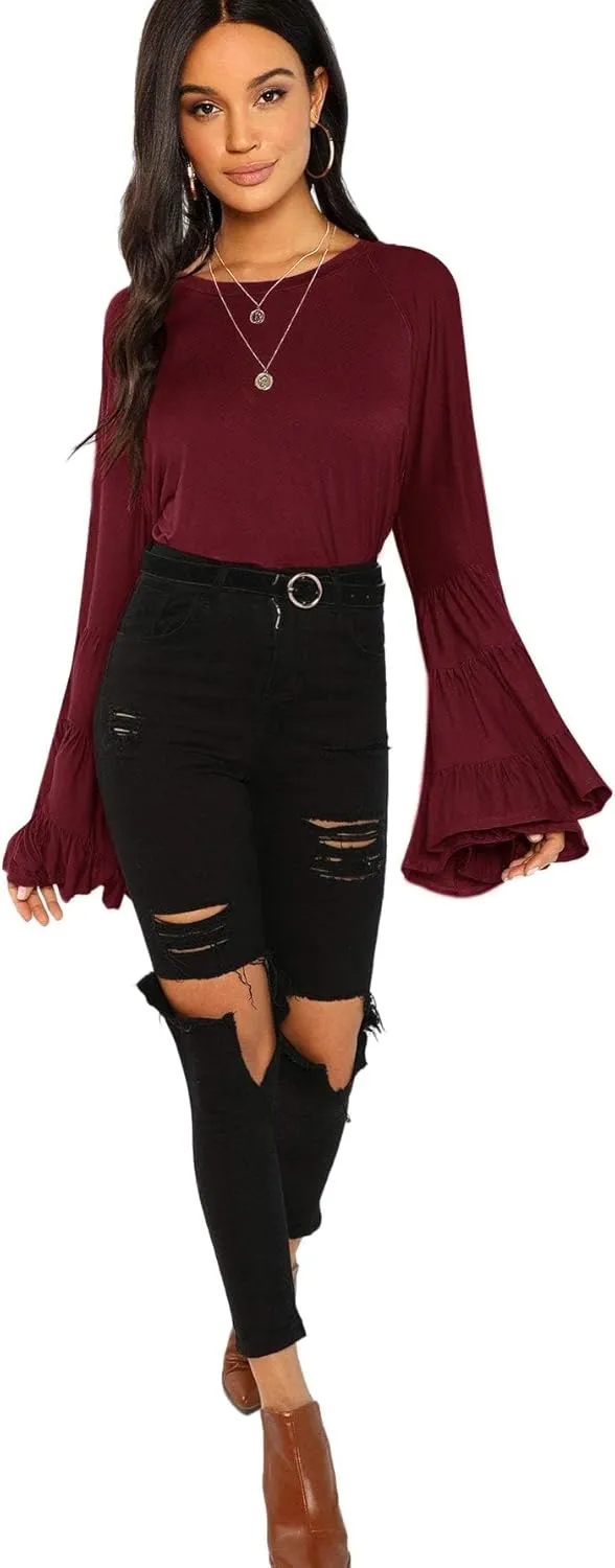 Floerns Women's 70s Western Flowy Bell Sleeve Blouse Tops Shirts