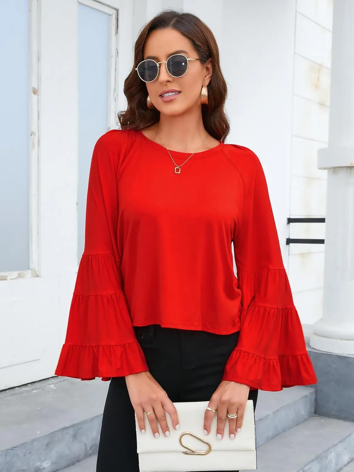 Floerns Women's 70s Western Flowy Bell Sleeve Blouse Tops Shirts