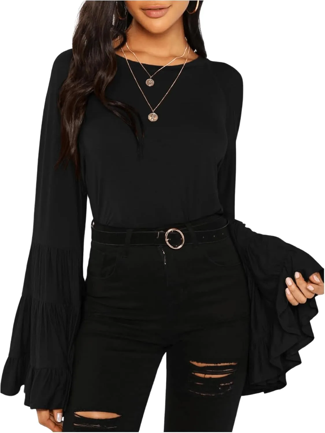 Floerns Women's 70s Western Flowy Bell Sleeve Blouse Tops Shirts