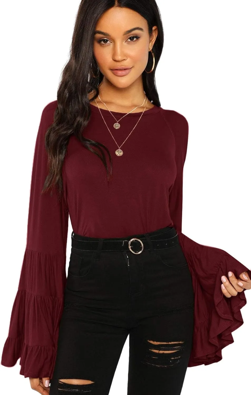 Floerns Women's 70s Western Flowy Bell Sleeve Blouse Tops Shirts