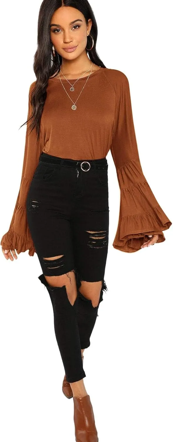 Floerns Women's 70s Western Flowy Bell Sleeve Blouse Tops Shirts