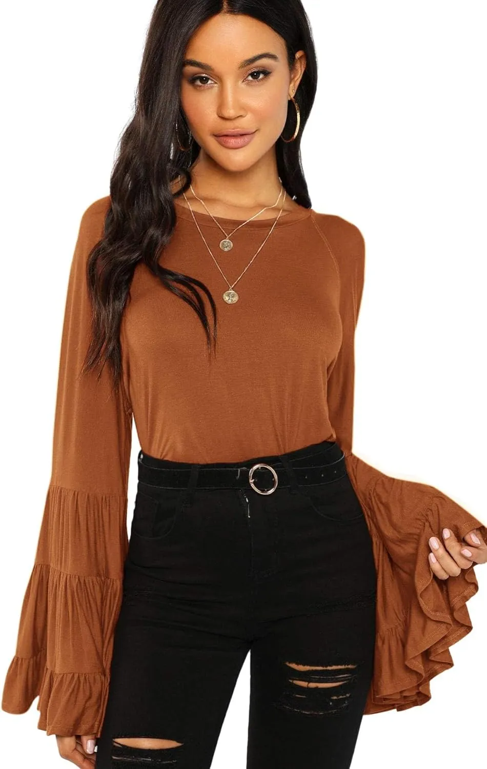 Floerns Women's 70s Western Flowy Bell Sleeve Blouse Tops Shirts