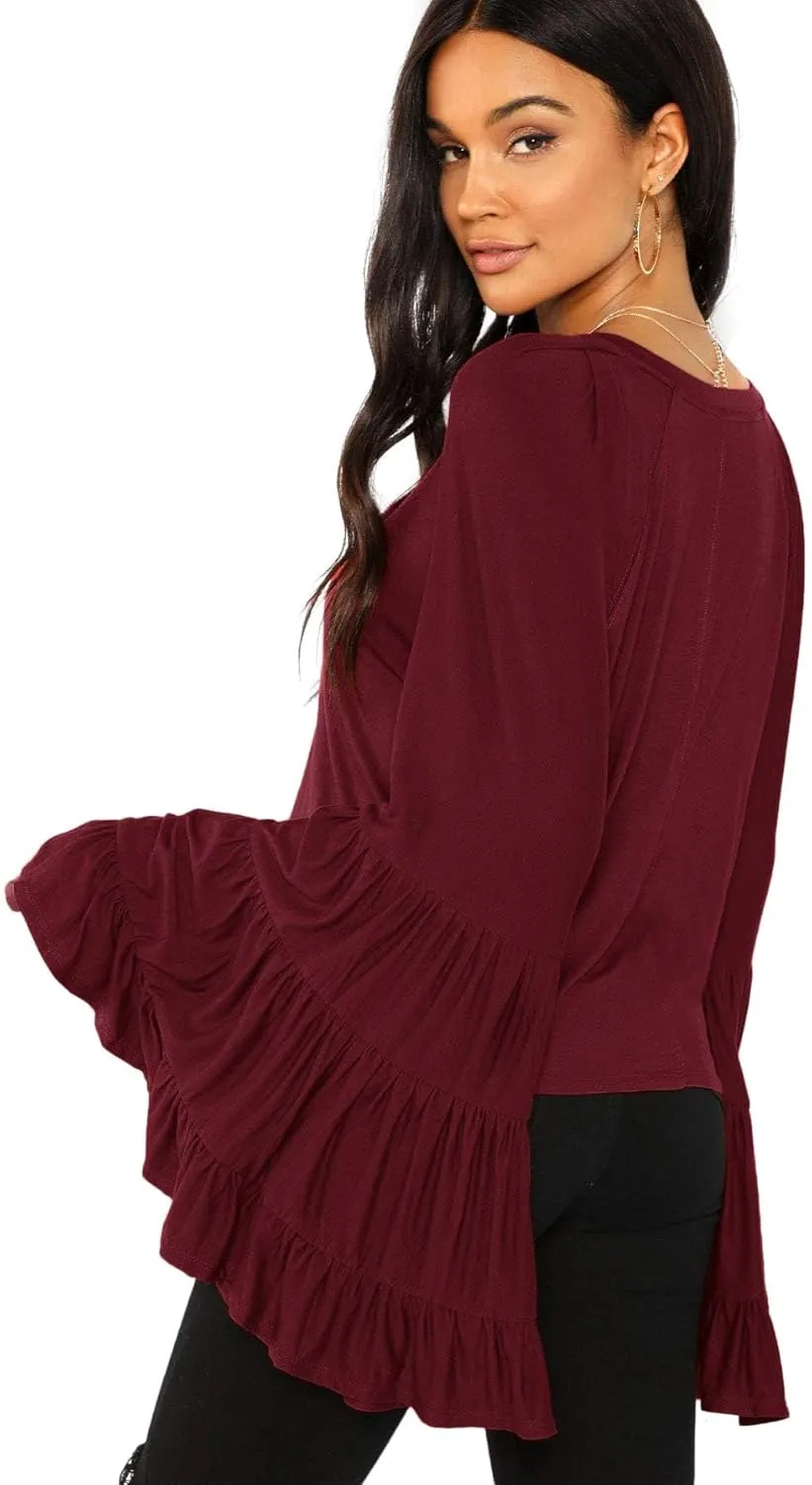 Floerns Women's 70s Western Flowy Bell Sleeve Blouse Tops Shirts