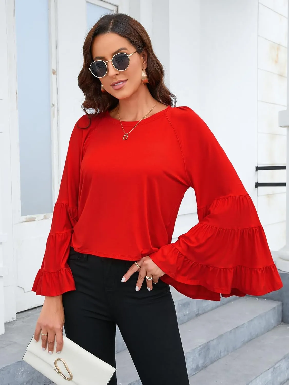 Floerns Women's 70s Western Flowy Bell Sleeve Blouse Tops Shirts