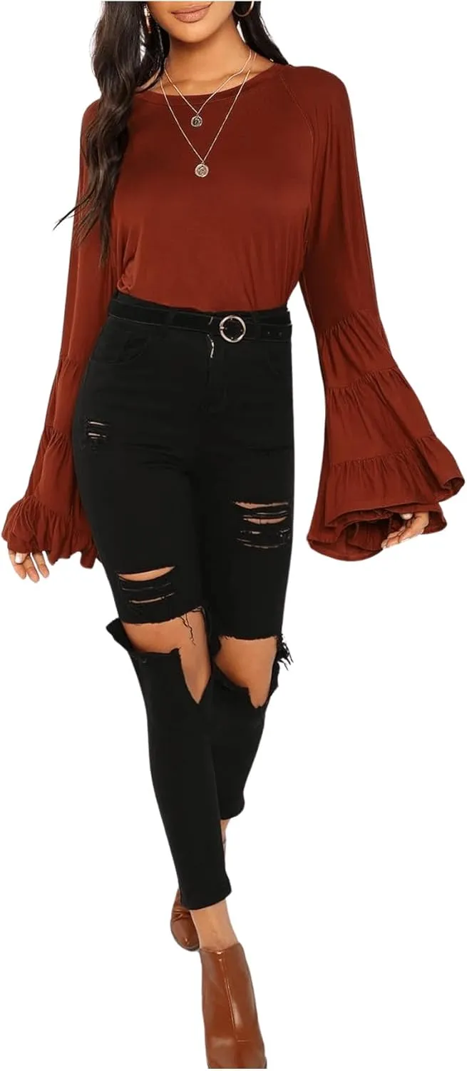 Floerns Women's 70s Western Flowy Bell Sleeve Blouse Tops Shirts