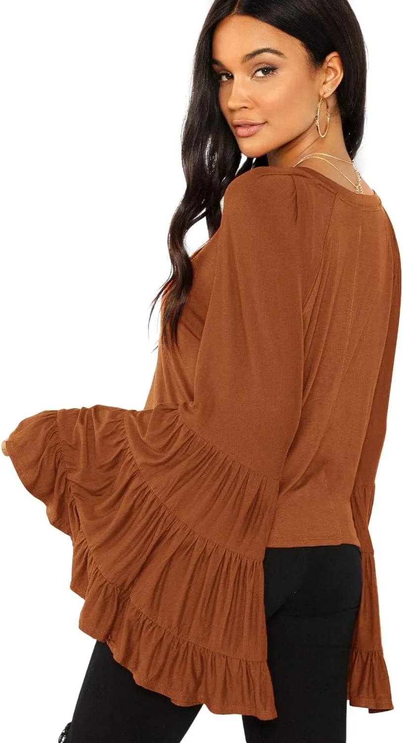Floerns Women's 70s Western Flowy Bell Sleeve Blouse Tops Shirts