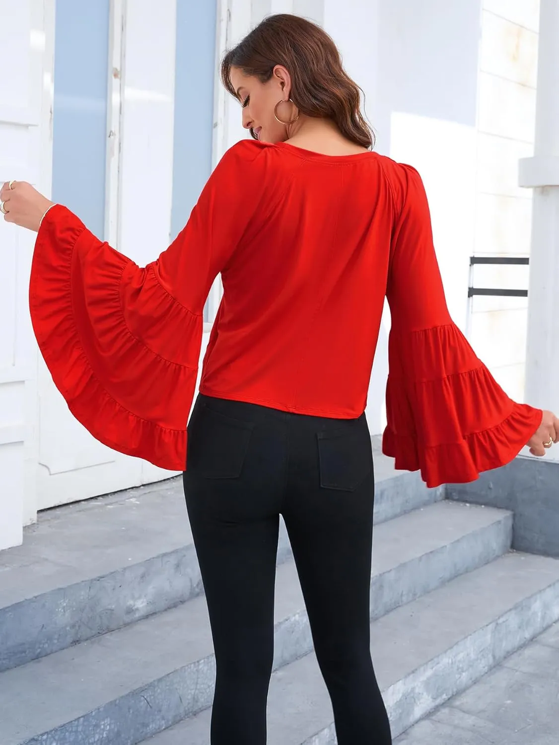 Floerns Women's 70s Western Flowy Bell Sleeve Blouse Tops Shirts