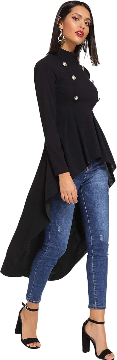 Floerns Women's Double Button Long Sleeve Round Neck Asymmetrical Blouse Tops