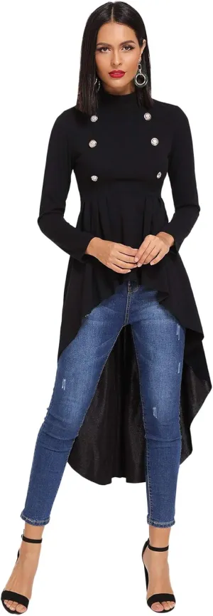 Floerns Women's Double Button Long Sleeve Round Neck Asymmetrical Blouse Tops