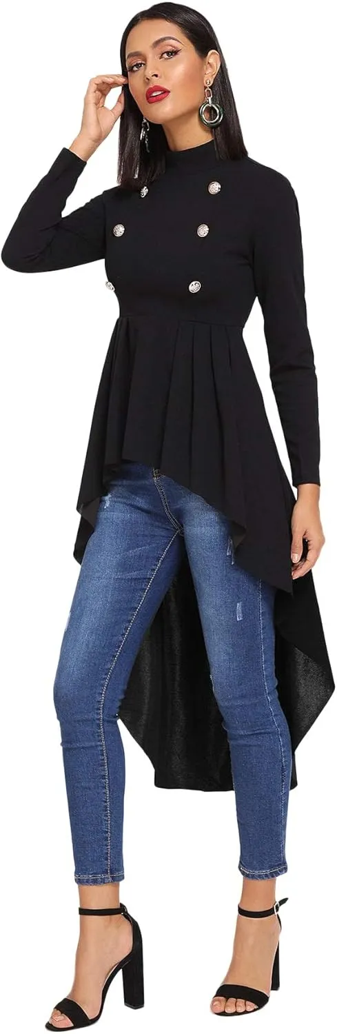 Floerns Women's Double Button Long Sleeve Round Neck Asymmetrical Blouse Tops