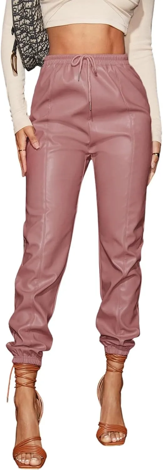 Floerns Women's Drawstring High Waisted Cropped Tapered Pu Leather Pants