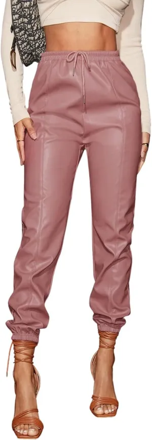 Floerns Women's Drawstring High Waisted Cropped Tapered Pu Leather Pants