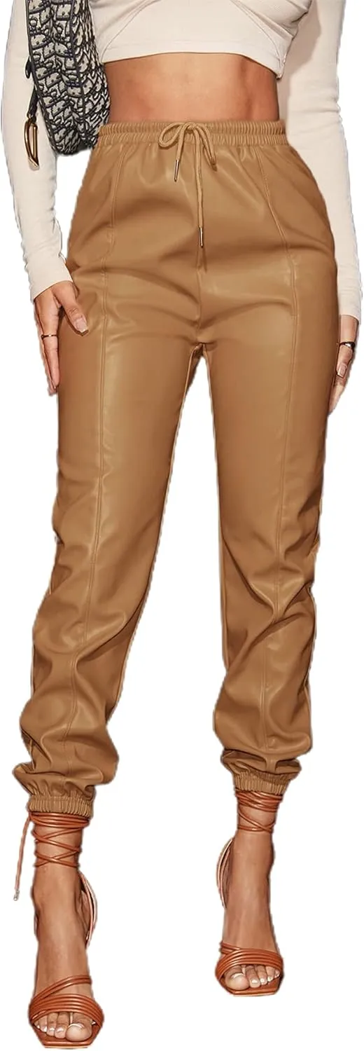 Floerns Women's Drawstring High Waisted Cropped Tapered Pu Leather Pants