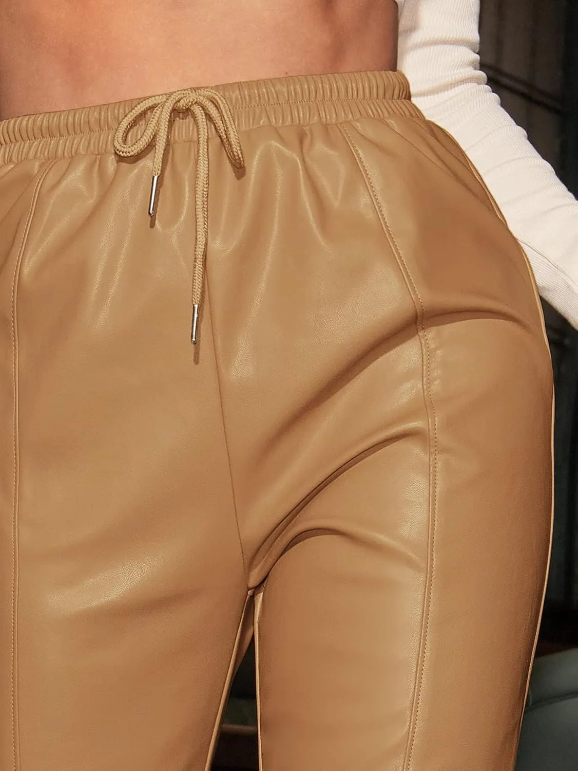 Floerns Women's Drawstring High Waisted Cropped Tapered Pu Leather Pants