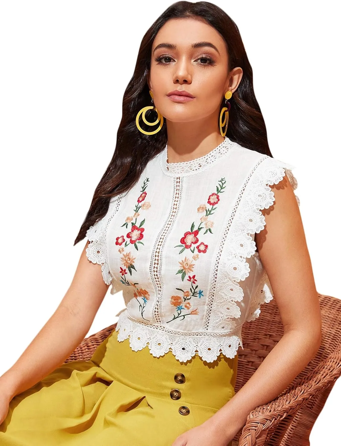 Floerns Women's Mock Neck Guipure Lace Trim Embroidery Blouse Tops