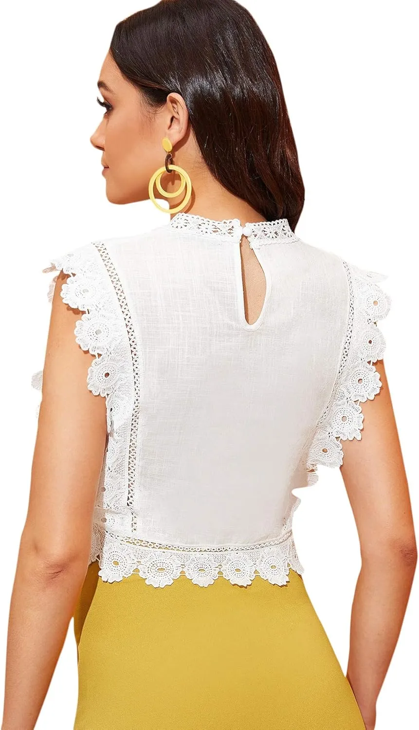 Floerns Women's Mock Neck Guipure Lace Trim Embroidery Blouse Tops