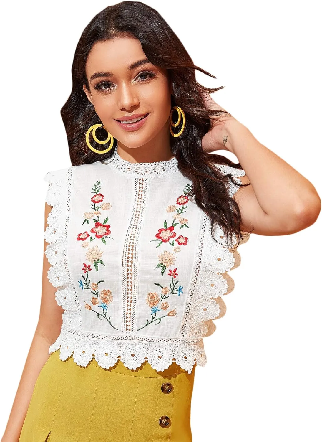 Floerns Women's Mock Neck Guipure Lace Trim Embroidery Blouse Tops