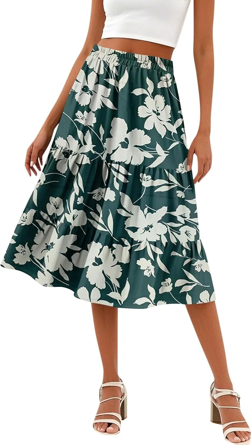 Floral Midi Skirt for Women Comfy Tiered Elastic High Waisted Skirt Vacation A-Line Flowy Swing Boho Beach Skirts