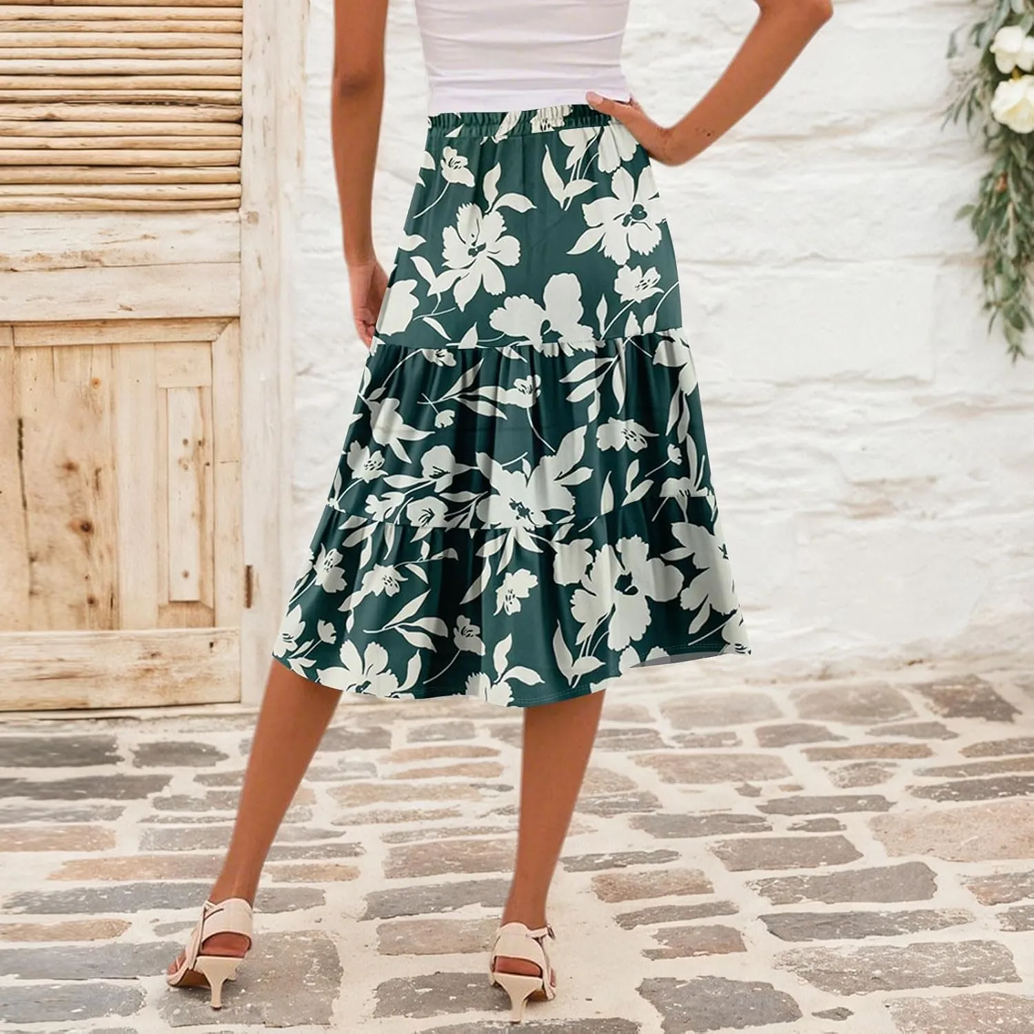 Floral Midi Skirt for Women Comfy Tiered Elastic High Waisted Skirt Vacation A-Line Flowy Swing Boho Beach Skirts