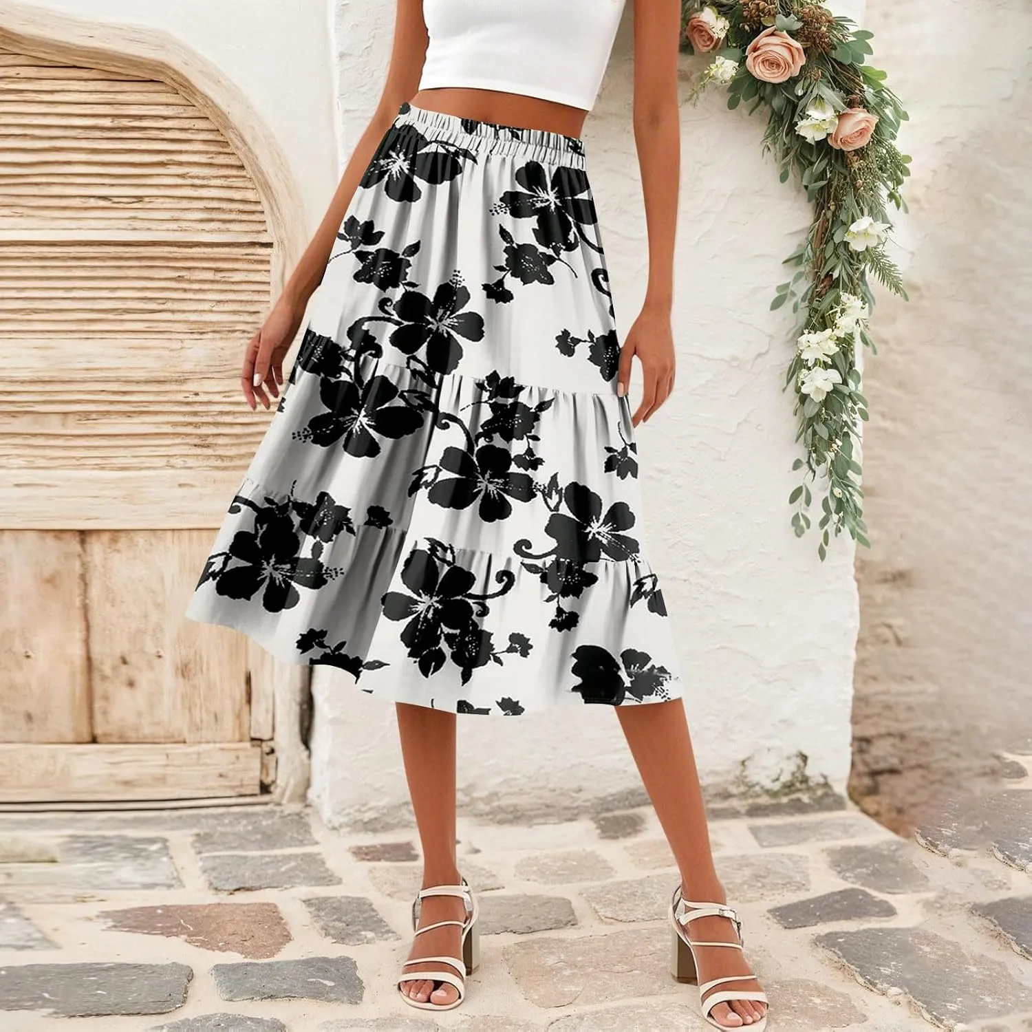 Floral Midi Skirt for Women Comfy Tiered Elastic High Waisted Skirt Vacation A-Line Flowy Swing Boho Beach Skirts