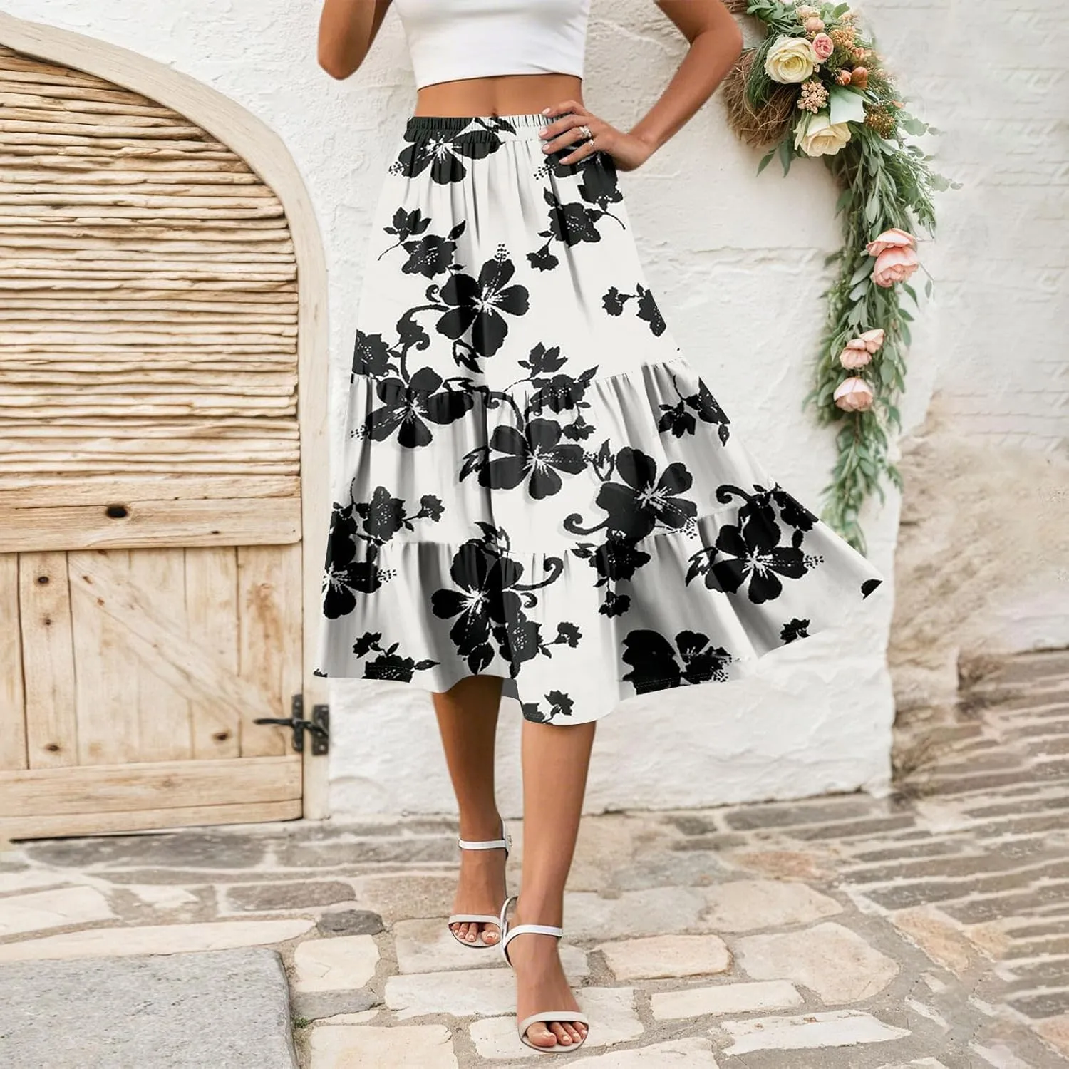 Floral Midi Skirt for Women Comfy Tiered Elastic High Waisted Skirt Vacation A-Line Flowy Swing Boho Beach Skirts