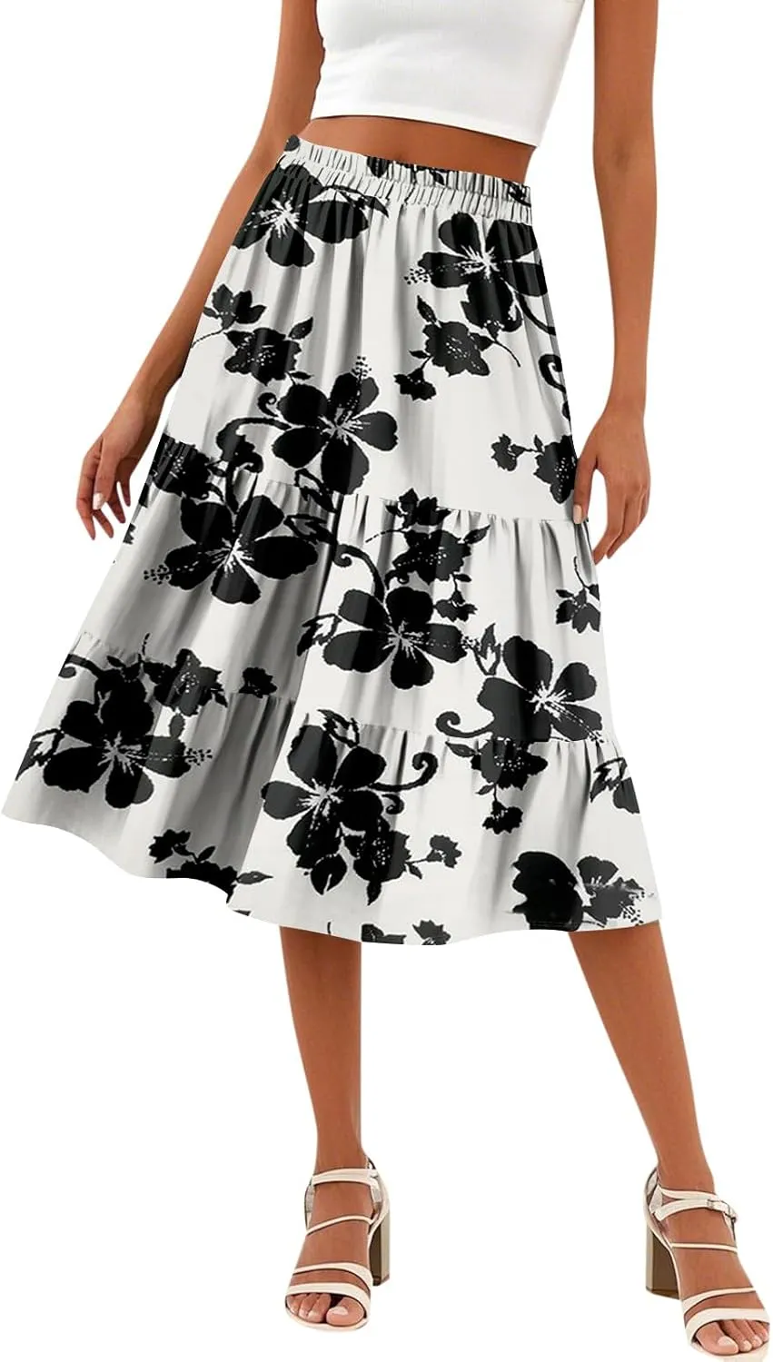 Floral Midi Skirt for Women Comfy Tiered Elastic High Waisted Skirt Vacation A-Line Flowy Swing Boho Beach Skirts