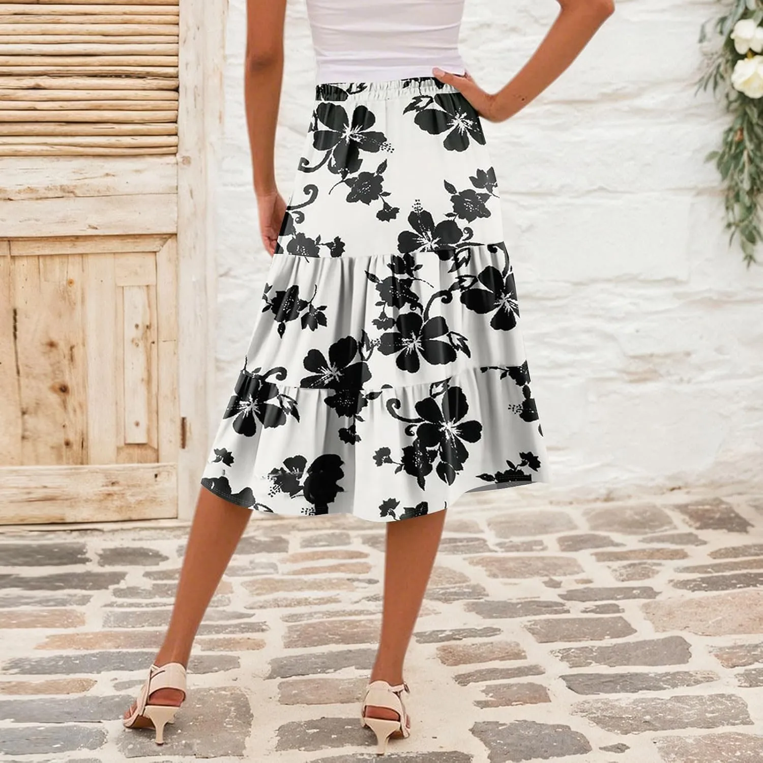 Floral Midi Skirt for Women Comfy Tiered Elastic High Waisted Skirt Vacation A-Line Flowy Swing Boho Beach Skirts