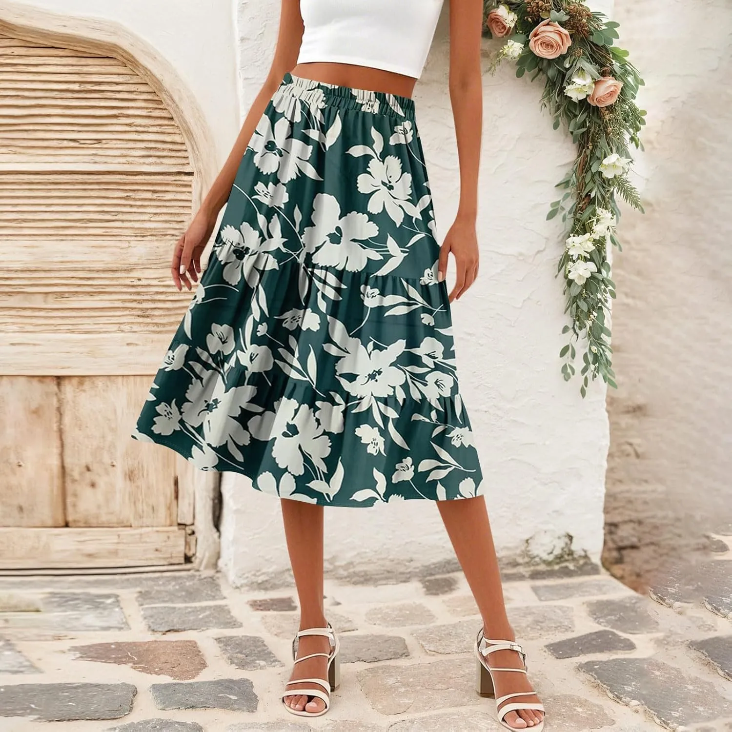 Floral Midi Skirt for Women Comfy Tiered Elastic High Waisted Skirt Vacation A-Line Flowy Swing Boho Beach Skirts