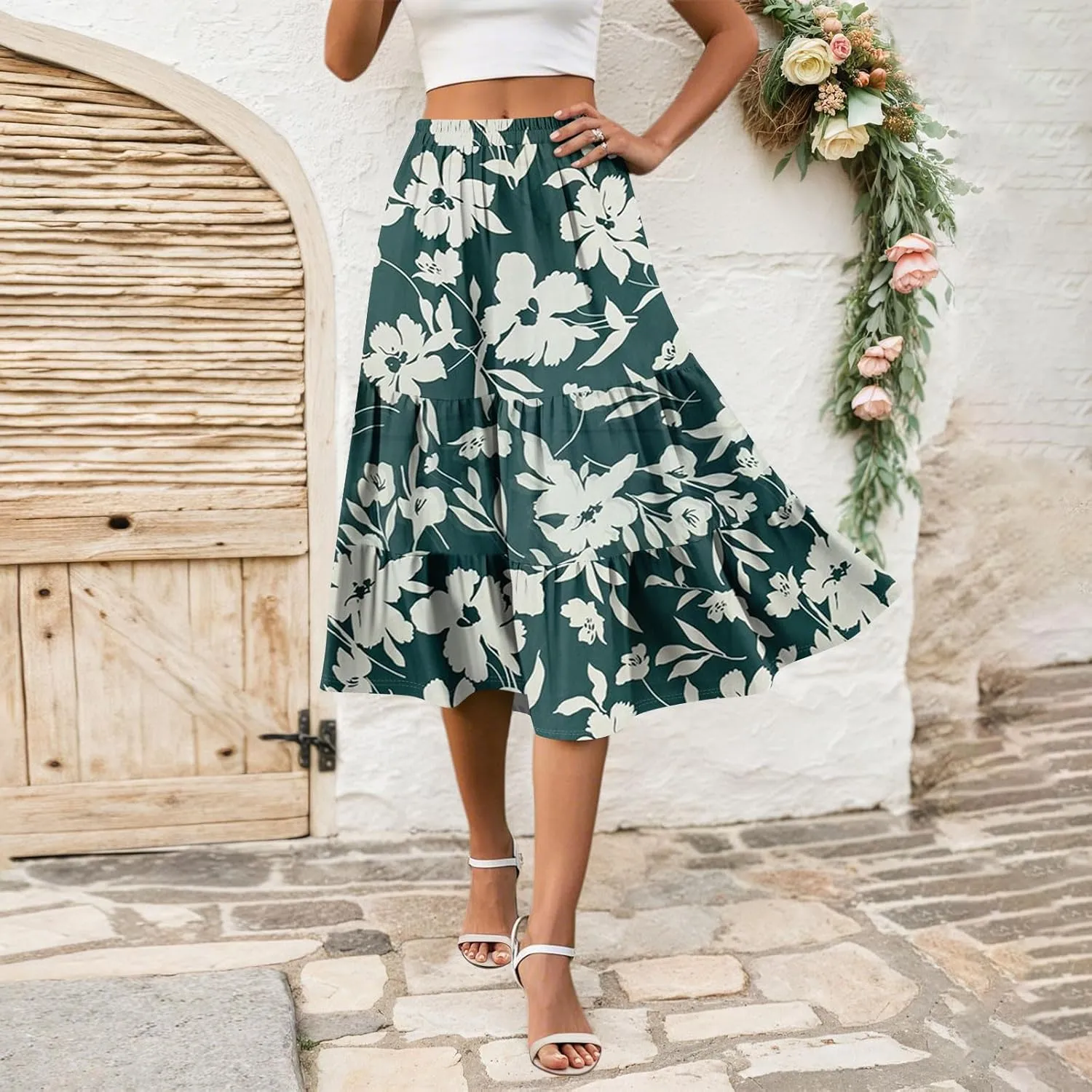 Floral Midi Skirt for Women Comfy Tiered Elastic High Waisted Skirt Vacation A-Line Flowy Swing Boho Beach Skirts
