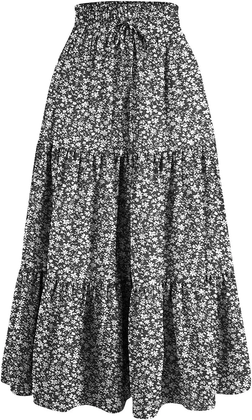 Floral Print Boho Maxi Skirt Women Elastic High Waist Tiered Pleated Flowy Long Summer Beach Skirt