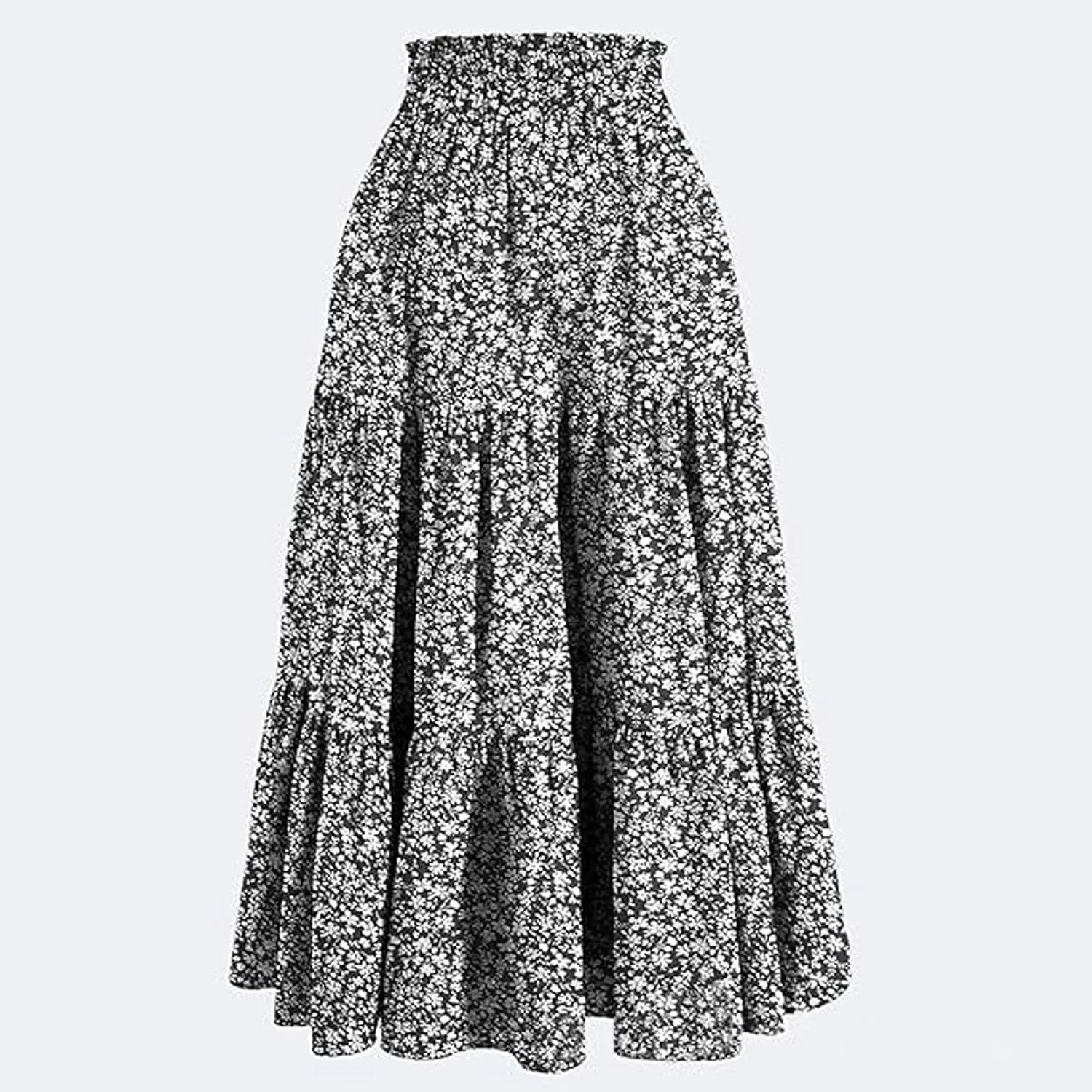 Floral Print Boho Maxi Skirt Women Elastic High Waist Tiered Pleated Flowy Long Summer Beach Skirt