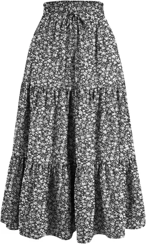 Floral Print Boho Maxi Skirt Women Elastic High Waist Tiered Pleated Flowy Long Summer Beach Skirt