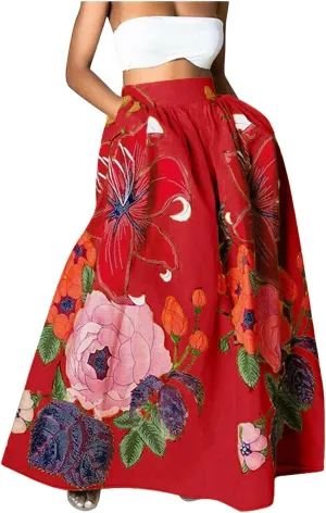 Flowy Boho Floral Printed Maxi Skirt for Women High Waisted A Line Long Skirts with Pockets Plus Size Swing Beach Dress