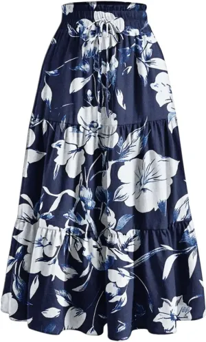Flowy Skirts for Women Floral A Line Maxi Skirts High Waisted Elegant Tiered Summer Skirts Boho Long Beach Skirts